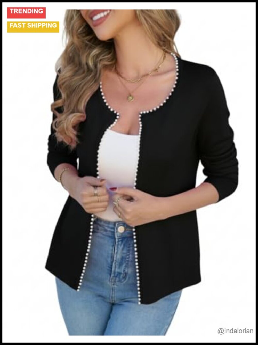 Lightweight Open Front Knit Cardigan Pearl Trim Long Sleeve Sweater Coatigan